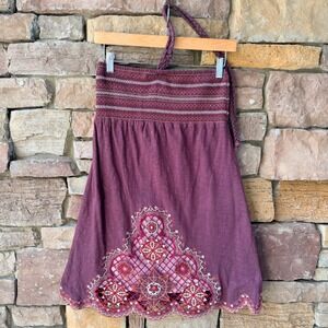Anthropologie Lulumari S Women Smocked Halter Embroidered Mini Dress Cover Up